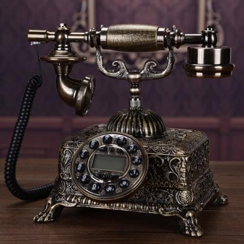 Resin Carved Vintage Landline Phone with Caller ID, Time and Date Display, Hanging Headset, Old Style Button Dial Telephone