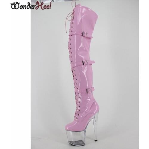 Wonderheel Extreme high heel 20cm chunky heel clear platform thigh High Boots with three buckle straps fashion show boots