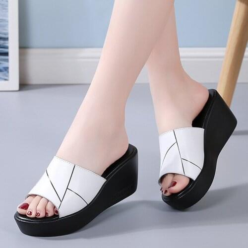 TilocowGenuine Leather Womens Wedges Slippers Summer Outside Ladies Concise Mules High Heels for Woman Soild Platform Footwear