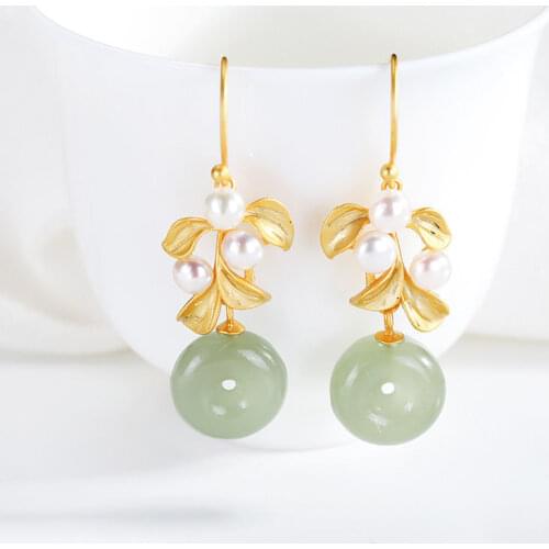 S925 Sterling Silver Natural Hetian Jade Gray Jade Pearl Earrings for Women Peace Buckle Simple Graceful and Fashionable Eardrop