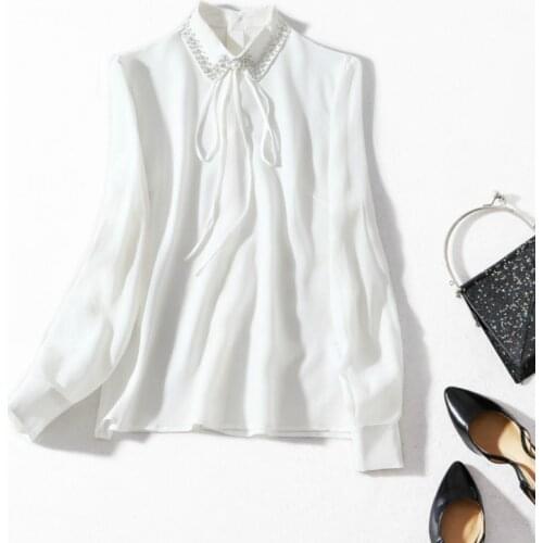 Womens Tops Black White Blouse Long Sleeve Shirts Real Silk Blouses Elegant Office Wear Blusas Mujer De Moda LWL1622