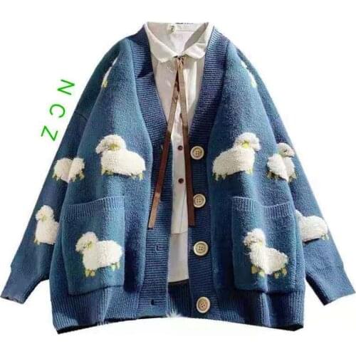 2021 Autumn New Knit Female Cardigan Loose Streetwear Knit Sweater Coat Cute Cartoon Print V Neck knitted cardigan Women Jacket