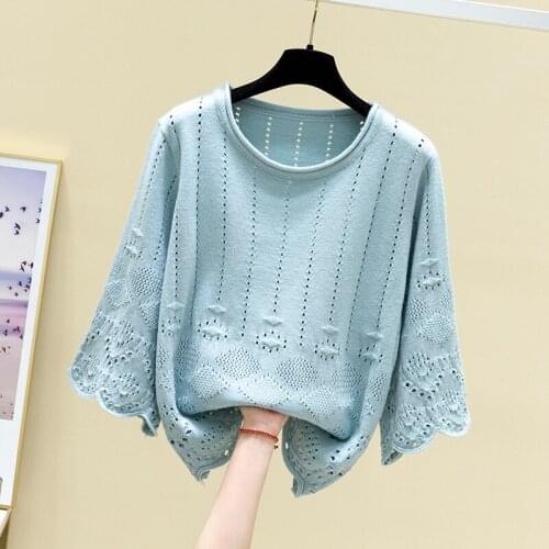 Spring and summer 2021 new round neck hollow out sweater womens thin blouse Pullover loose knit top fashion