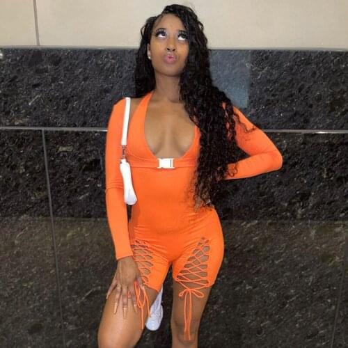 DSMTRC Women Autumn 2021 Fashion Halter Long Sleeve Cut Out Bandage One Piece Overalls Solid Knitted Womens Playsuit Streetwear