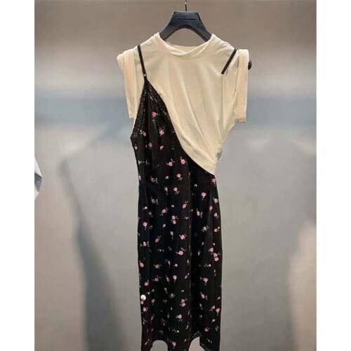 Women Dress 2020 Summer New Fashion Rose Print Fake Two-piece Dress Women