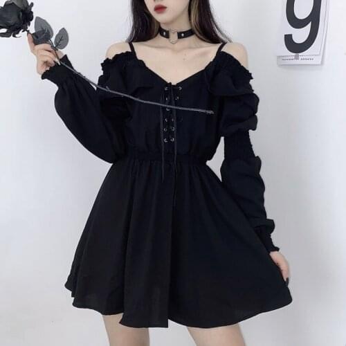 2021 Spring Women Dress Plus Size 4XL Lace Up Black Sexy High Waist Femme Dresses Off Shoulder Long Sleeve Gothic Diablo Clothes