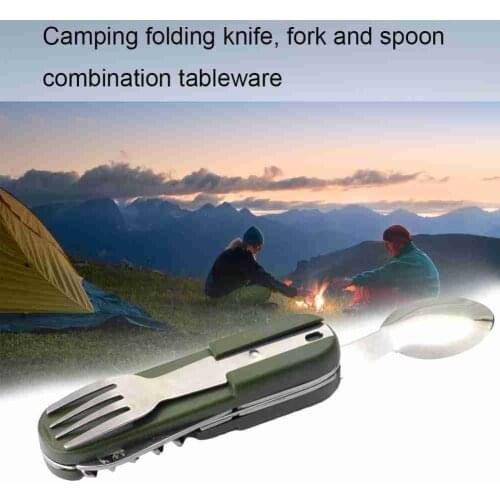 Army Green 2CR13 Steel Travel Folding Camping Combination Tableware Knife Fork Spoon Bottle Opener Outdoor Tableware