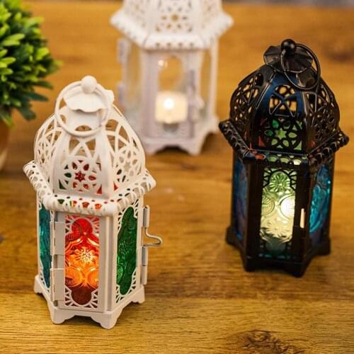 European Moroccan Wrought Iron Glass Candle Holder Decoration Bar Place Hanging Creative Wedding Lamp Table Classical Home
