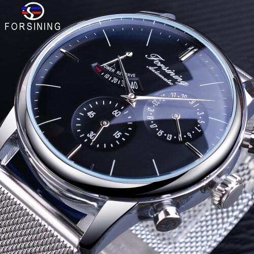 Forsining 2021 Black Mens Mechanical Watch 3 Dial Calendar Automatic Self-Wind Clock Business Sport Mesh Belt Stainless Wristw