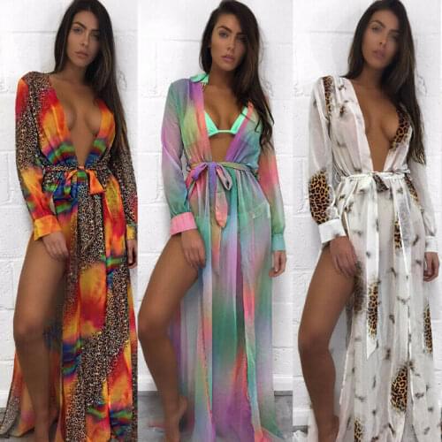 Hirigin 2020 Summer Women Swimsuit Bikini Cover Up Sexy Beach Long Dress Cardigan Elegant Multi-Colored Lace Up Bathing Suit