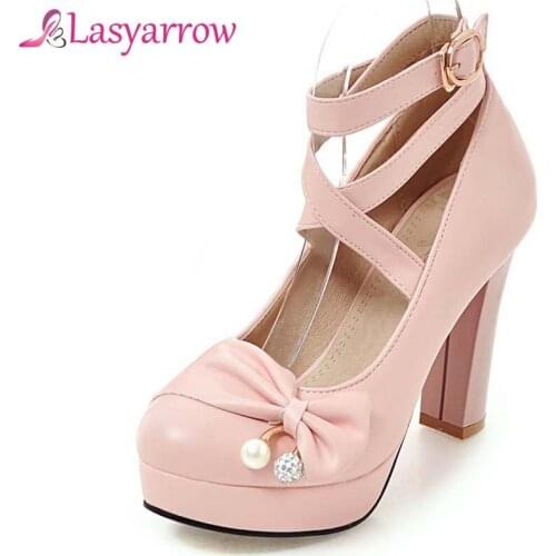 Lasyarrow Spring/Autumn Sweet Wedding Round Toe Woman Pumps Platform Chunky High Heel Pumps Big Size 32-43 Gladiator Shoes RM984