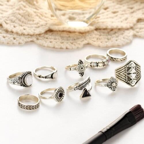 Fashion Retro 10 Pcs/set Retro Ethnic Exaggerated Gems Joint Rings Set Accessories for Women Jewelry Gifts