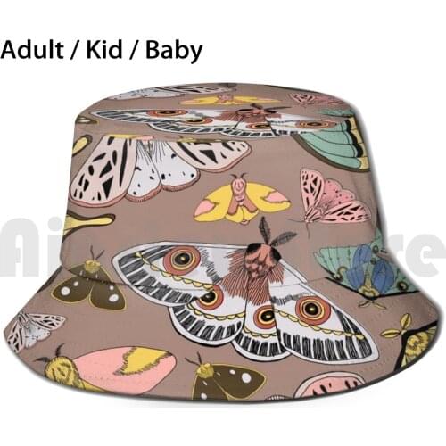Moths Moths Moths Brown Bucket Hat Adult kid baby Beach Sun Hats Moth Repeating Pattern Fantasy Herbology Pattern Brown