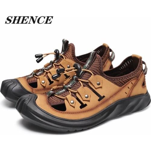 SHENCE Summer 2021 New Mens Sandals Genuine Leather Sandals Beach Men Casual Shoes Outdoor Sandals Mens Hiking Shoes Designer