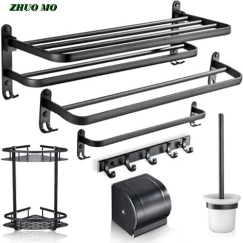 60CM Matte Black Double Towel Bars Set For Home Hotel Bathroom Towel Hanger Large Space Aluminum Rack Ring Toilet Accessories