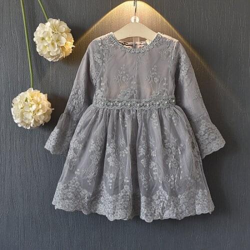 Autumn Kids Girls Dress Flare Sleeve Lace Pearls Toddler Party Birthday Wedding Dress for Girls Clothes Children Clothing 2-7T