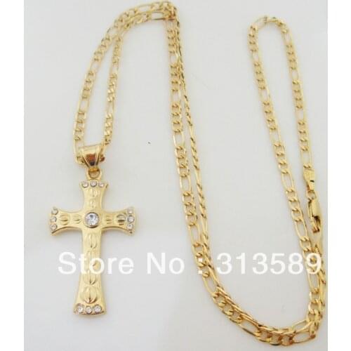 YELLOW GOLD GP PLTED 24INCH 1by 3 FIGARO CHAIN NECKLACE WITH JESUS CROSS CZ STONE ON THE MIDDLE PENDANT Crucifix
