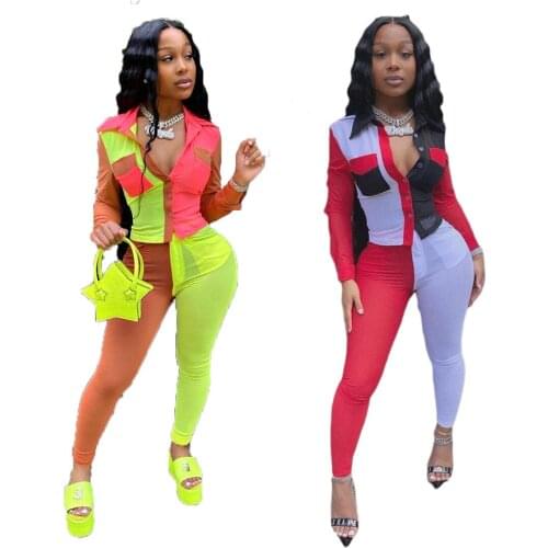 Echoine Multi-Color Patchwork Shirts Two-Piece Set Women Thin Single Button Casual Lounge Wear Slim Long Pants Tracksuit Clothes