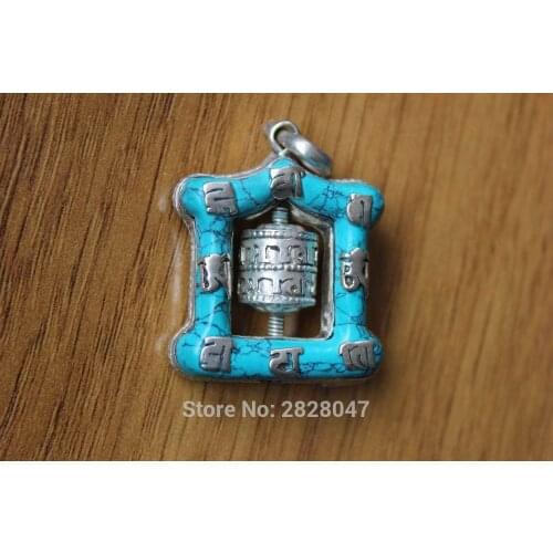 PN839 Tibetan Silver Prayer Wheel Six Words Mantra Amulet Pendant Handmade Nepalese Jewelry