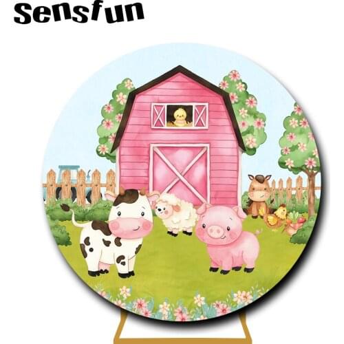 Sensfun Farm Theme Round Circle Photography Background Fence Pink Animals Girls 1st Birthday Party Backdrop For Photo Studio