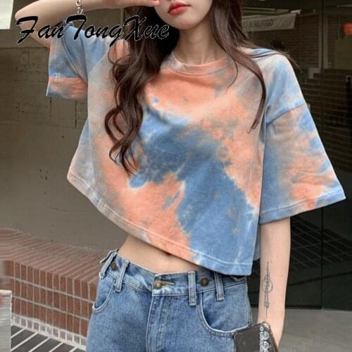 Summer T-shirts for Women 2021 Tie Dye Print Fashion Short T Shirt Girls Loose Short Sleeve O-neck Cotton Vintage Tops Women