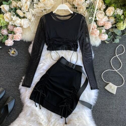 Black 3 Pieces Women Sets Mesh T-Shirt And Sexy Bud Skirts Female Night Club Clothing Suits Top Quality