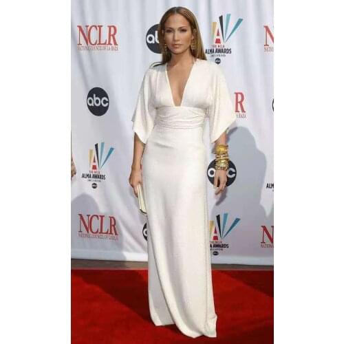 Sexy Long White Crepe V-Neck Celebrity Dresses A-Line Robe De Soiree Floor Length Pleated Formal Gown for Women