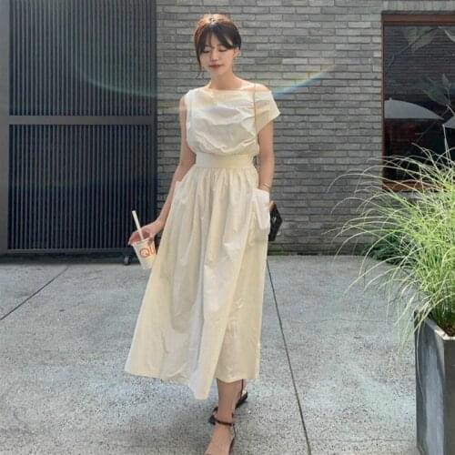 2020 Women Summer Vintage Slash Neck Sleeveless Zipper Long Tank Dress Elastic Folds-Waist A-line Dresses with Big Pockets