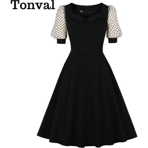 Tonval Night Elegant Black Vintage Swing Dresses Women Dotted Mesh Puff Sleeve High Waist Rockabilly Retro Dress 2021