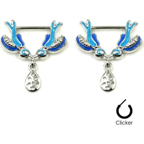 2Pcs Blue Double Sparrow Nipple Clicker Piercing NIpple Shield Ring Barbell Piercings Jewelry with Dangle Charming for women