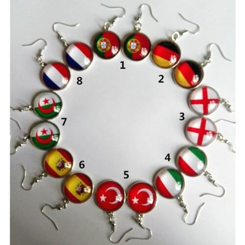 24 pairs/lot Country Flag Images Fashion Earrings England,Spain,Germany,France,Portugal,Italy,Turkey,Algeria Glass Gem Earrings