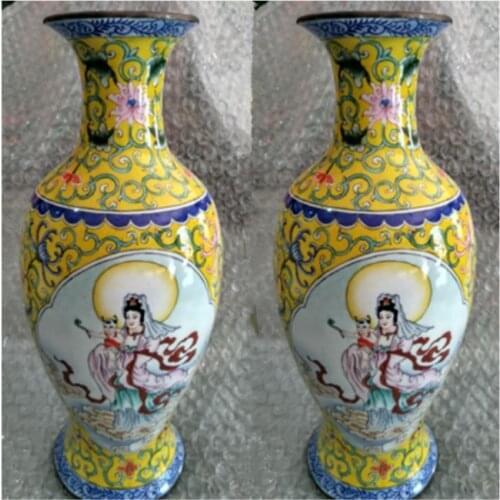 8.86" Ancient Chinese colored enamel copper SongZi guanyin, a pair of vases