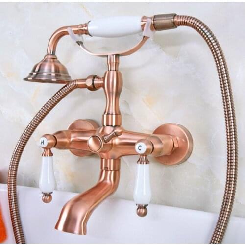 Antique Red Copper Brass Wall Mounted Bathroom Clawfoot Tub Faucet Mixer Tap Telephone Shower Head Dual Ceramic Handles ana326