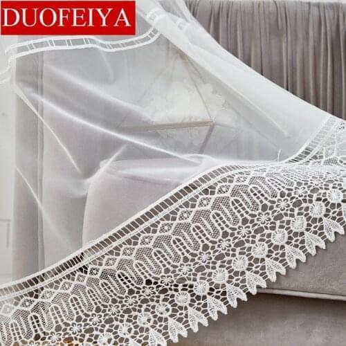 White Sheer Voile Curtains for Bedroom Rustic Countryside Jacquard Lace Bottom New Home Drapes Panel