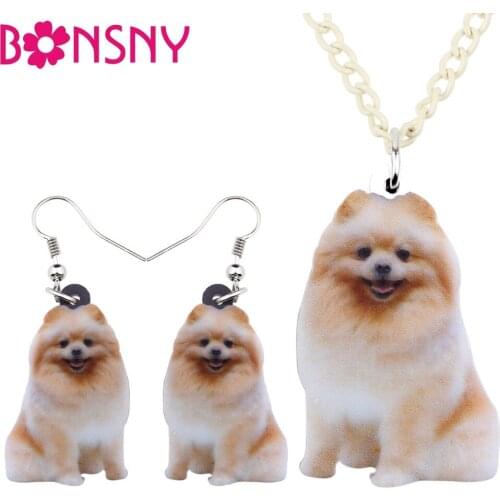 Bonsny Acrylic Sitting Pomeranian Dog Jewelry Sets Earrings Drop Dangle Necklace Pendant Cute Animal Gift For Women Girls Bijoux