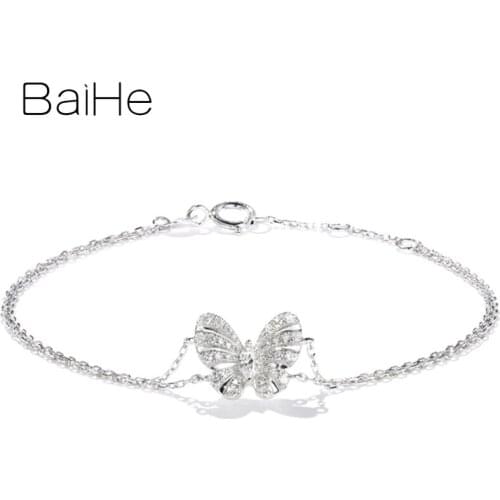 BAIHE Solid 18K White Gold SI/H Round 0.19ct Natural Diamonds Trendy Fine Jewelry Beautiful butterfly diamond bracelet for women