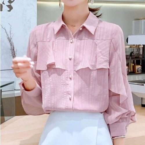 Spring chiffon shirt womens spring 2021 new fashion long sleeve top blouse womens shirt Turn-down Collar Ruffles Casual