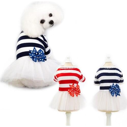 Dog Dresses for Small Dogs Summer Bow Stripe Lace Tullle Gauze Dress Puppy Chihuahua Birthday Wedding Costume Pet Clothes