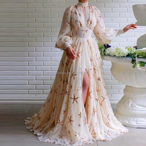 Glamorous High-Neck Evening Dress Floor-Length Long Sleeves Prom Dress Slit Robe De Soiree Aibye вечернее платье Dubai Arabia