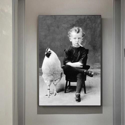 A Picture of A Little Boy Smoking A Cigarette and Chicken Canvas Painting Posters and Prints Wall Art Picture Home Decor Cuadros