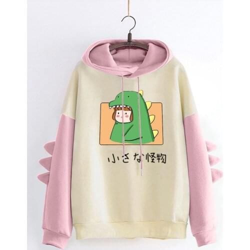 Kawaii Monster Anime Pattern Hooded Sweatshirts Autumn Winter Womens Casual Dinosaur Hoodies Pullover Harajuku Streetwear A40