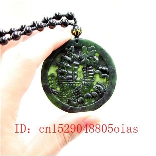 Chinese Natural Black Green Jade Sailboat Pendant Beads Necklace Charm Jewelry Obsidian Accessories Carved Amulet Gifts for Men