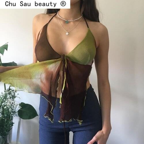 New Summer Fashion Patchwork y2k Aesthetics Mesh Backless Halter Tanks Camis Top Ruffles Split Mini Vest Transparent Camisole