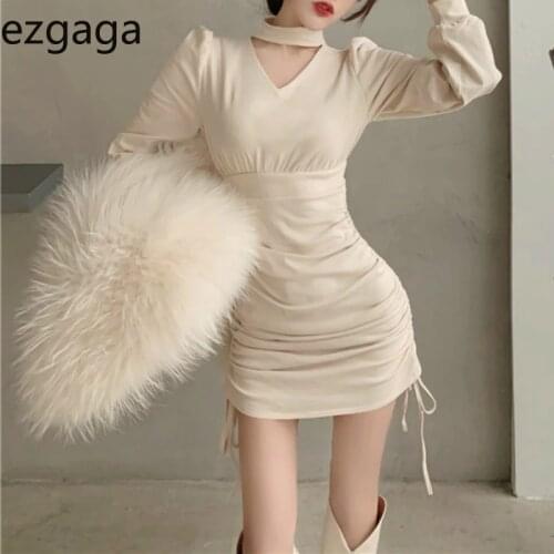 Ezgaga V-Neck Halter Hollow Out Drawstring Elegant Dress Women Fashion Solid Long Sleeve Sexy Ladies Outwear Bodycon Dress
