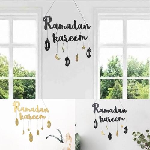Ramdan Kareem Wall Hanging Wooden Letters Star Moon Eid Mubarak for Home Pendant 2021 Aid Party Decoration Muslim Golden Banner