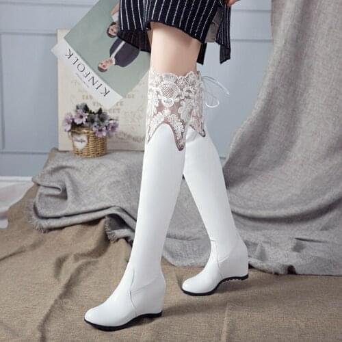 Winter boots shoes Female knee wedge boots lace womens bootsPu Leather Wedge Women Over The Knee Boots Round Toe Footwear 34-43