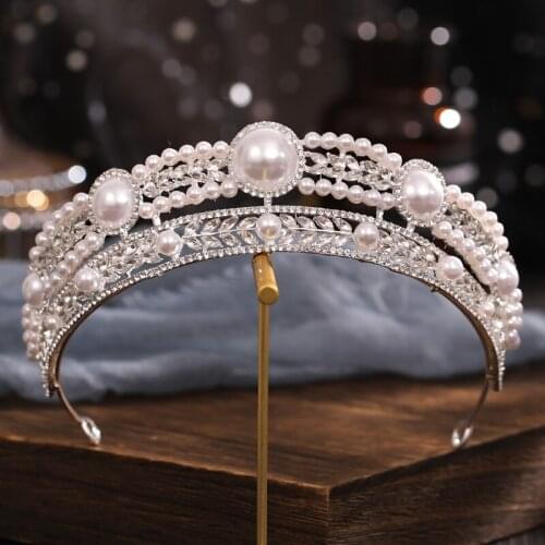Silver Color Pearl Rhinestone Luxury Tiara Hairband Wedding Accessories Headband Crown For Bride Pearl Tiara and Crown