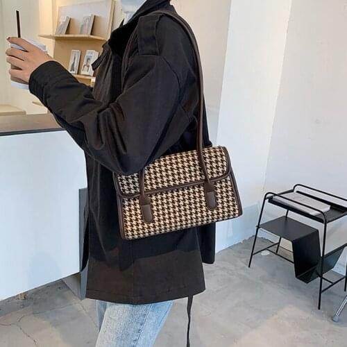 Vintage Houndstooth Women Shoulder Bag Simple PU Leather Female Purse Handbags Elegant Plaid Ladies Daily Small Casual Tote
