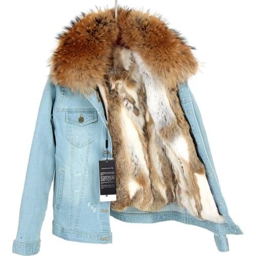 2020new fashion brand women denim coat girl denim jacket real rabbit fur thick lining raccoon fur collar bomber jacket keep warm