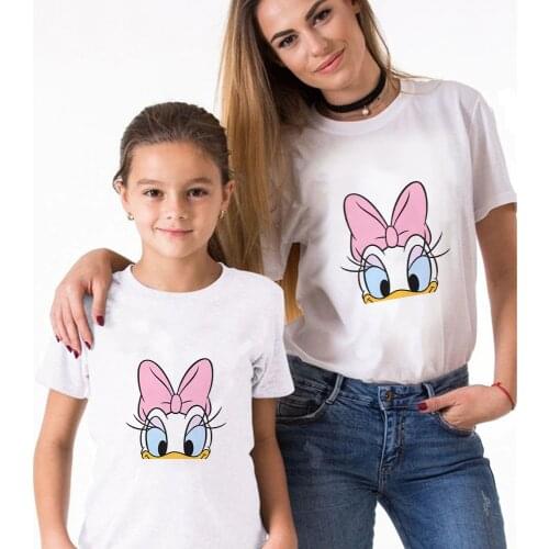 Daisy Duck Pattern T-Shirt Woman Loose Short Sleeve Tees Summer Vintage Mom and Daughter T-shirts Family Matching Clothes